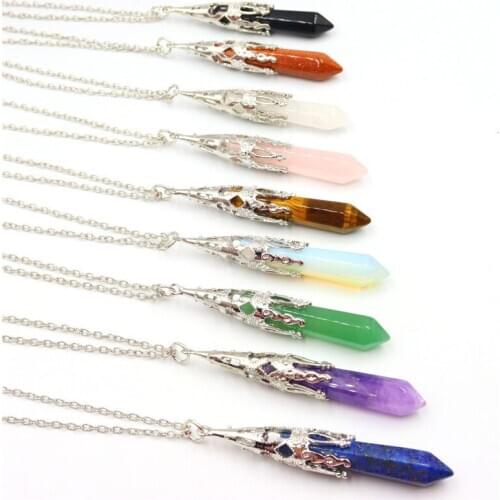 Natural Stone Healing Pendant Pointed Hexagon Column White Pink Purple Crystal Pillar Pendants Necklaces for Women Men Jewelry