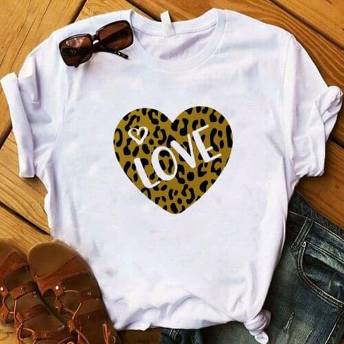 Lip Love Leopard Printed Summer Women Top Short Sleeve Tshirt Woman Casual White Tops Loose Tee Female T shirts Camisas Mujer