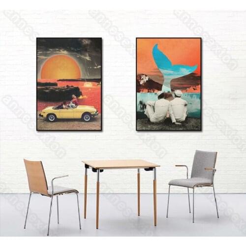 Nordic Style Canvas Painting Poster Vintage Convertible Car Red Sunset Mountain Poster and Print for Home Rooms Wall Decoration