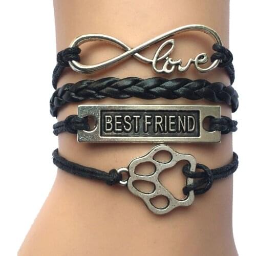 Drop Shipping Assorted Colors Handmade Leather Wrap Infinity Love Best Friend Charm Paw Print Puppy Bracelet Gift for Pet Friend