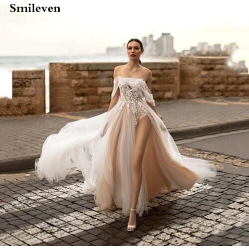 Smileven Beach Champagne Wedding Dress A Line Off The Shoulder Lace Bride Dresses 2020 Robe De Mariee Bridal Gowns