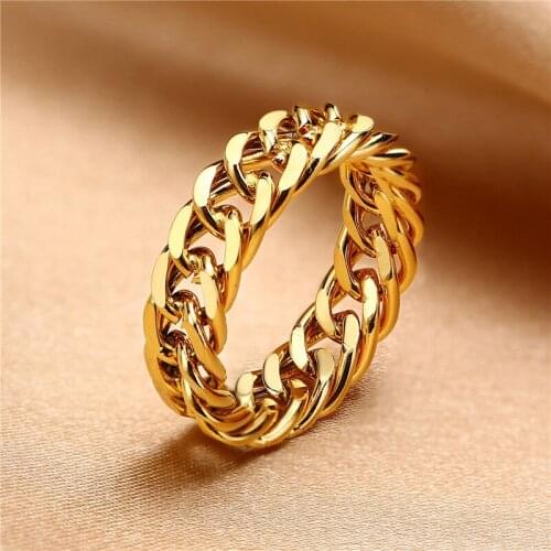 Modyle Punk Vintage Gold Color 316L Stainless Steel Round Curb Cuban Link Chain Ring Male Jewelry Gift for Men