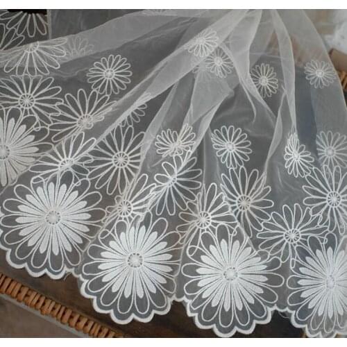 1Yard 32 cm Width Sun Flower Embroidered Lace Trim White Mesh Dolls Dress Clothes Curtains Home Textile Handmade Sewing Fabric