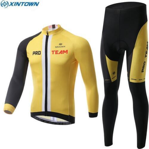 XINTOWN Pro Team Men Bike Long Sleeve Tops Cycling Jersey Pad Pants Cycling Sports Wear Yellow Sets