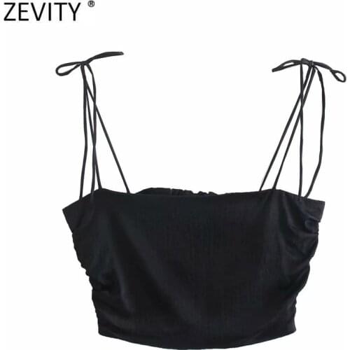 Zevity Women Spaghetti Strap Black White Color Chic Camis Tank Ladies Summer Back Elastic Pleated Short Sling Crop Tops LS9070