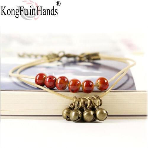Womens New Handmade Ceramic Round Beads Bell Pendant Bracelet Adjustable Crafts Retro Girl Gift Fashion Jewelry Wholesale