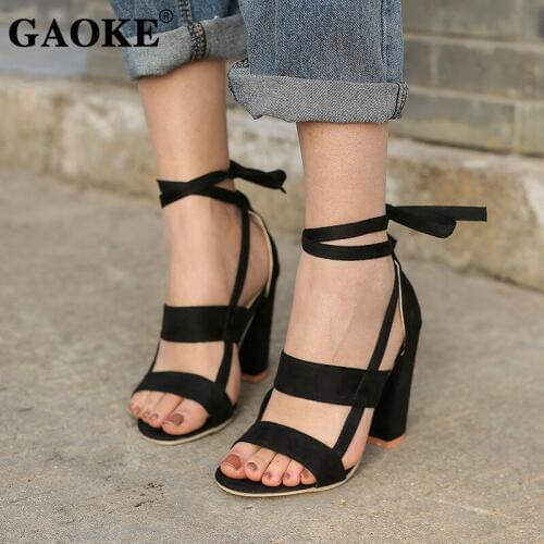2018 Plus Size Female Ankle Strap High Heels Flock Gladiator Shoes Lace Up Thick Heel Fashion Hollow Women Summer Shoes Sandals