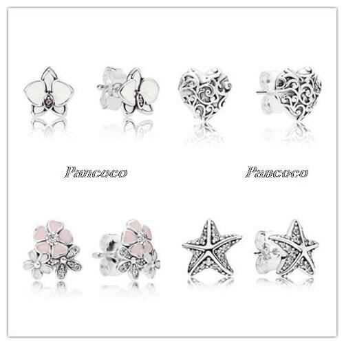 Authentic 925 Sterling Silver Earring Mix Enamel Poetic Blooms With Crystal Studs Earrings For Women Wedding Fashion Jewelry