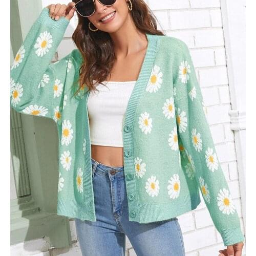 Sweet Button Down Sweater Cardigan Women Loose Knit Coat Autumn Spring Casual Lady Long Sleeve V Neck Floral Outerwear Sweater