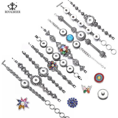 ROYALBEIER New Vintage Flower Love Metal 18mm Snap Button Jewelry Bracelet For DIY Snap pulseiras feminina Jewelry SZ0470