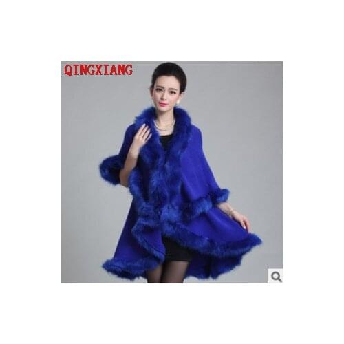 12 Color 2021 Winter Thick Plus Size Cloak Fake Fox Fur Long 2 Layers Jacquard Poncho Women Cashmere Big Pendulum Cardigan Coat