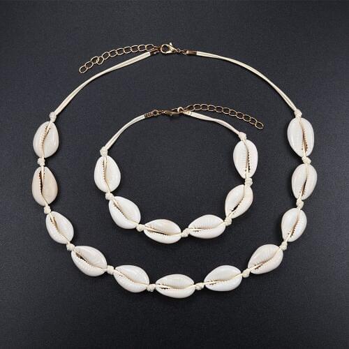 2Pcs/Set Boho Women Shells Necklace Bracelet Set Natural Seashells Chain Girl Choker Bracelets Bangles Adjustable Jewelry Gift