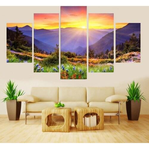 5 Piece Wall Art Canvas Painting Landscape Watching The Sunset From The Mountainside Poster Decoration Home Bedroom Pictures