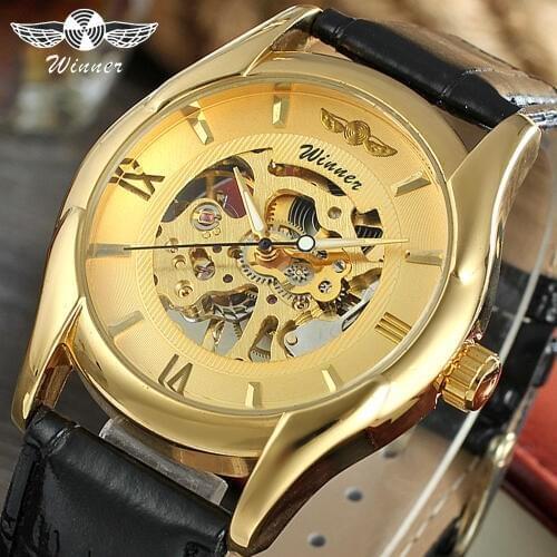 WINNER 2019 Top Brand Mens Automatic Watch Classic Black Leather Skeleton Analogue Luxury Wrist Watches Clock Relogio Masculino