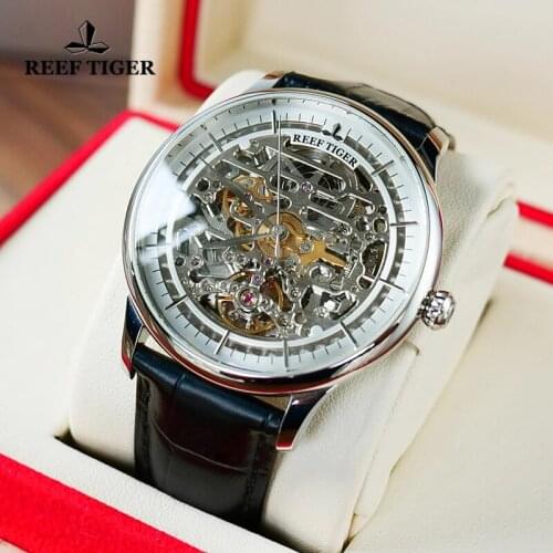 Reef Tiger/RT Designer Skeleton Mens Watch Steel Case Calfskin Leather Automatic Wrist Watch Waterproof Sapphire Glass Watch