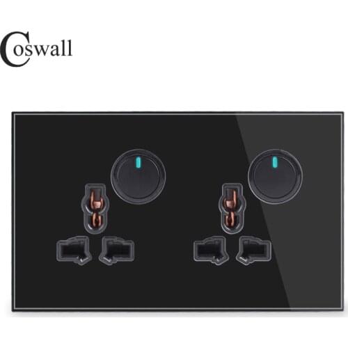 Coswall Pure Glass Frame 13A Double Universal Wall Socket 2 Gang 2 Way On / Off Pass Through Light Switch Switched LED Indicator