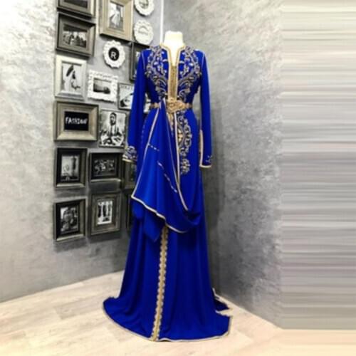 Royal Blue Mermaid Moroccan Kaftan Long Evening Dresses Embroidery Beaded Prom Dress Saudi Arabic Muslim Special Occasion Gowns