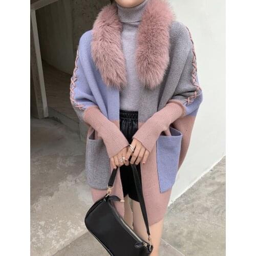 Women 's sweater new move color matching drawstring fur collar bat sleeve thick sweater real fox fur collar