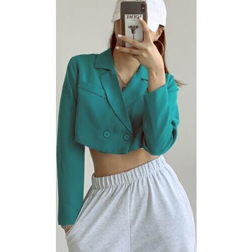 Europe Autumn Winter New Fashion Short Women Notch Lapels Cropped Blazer Tops Coat Green Personality 9ZFH