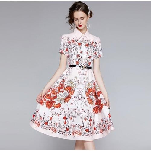 JSXDHK 2021 New Runway Designer Women Shirt Collar Dress Fashion Summer Flower Printed Single Breasted Party Dresses With Belt
