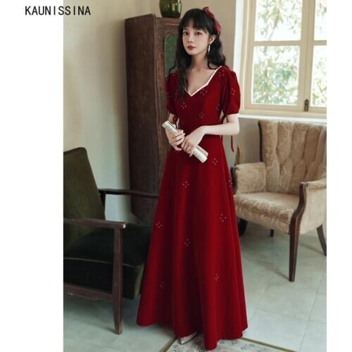 KAUNISSINA Elegant Evening Dress Plus Size Formal Dresses Short Sleeve V-Neck A-Line Wine Red Party Gown for Women Vestidos