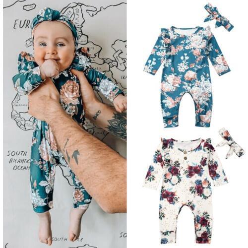 0-18M Newborn Baby Girl Romper Clothes Long Sleeve Flower Romper Jumpsuit Headband Outfit