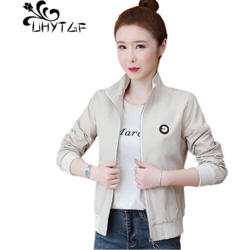 UHYTGF Spring Autumn Jacket Womens Solid Wild Casual Thin Coat Fashion Embroidered Short Tops Outerwear Windbreaker Female 1525