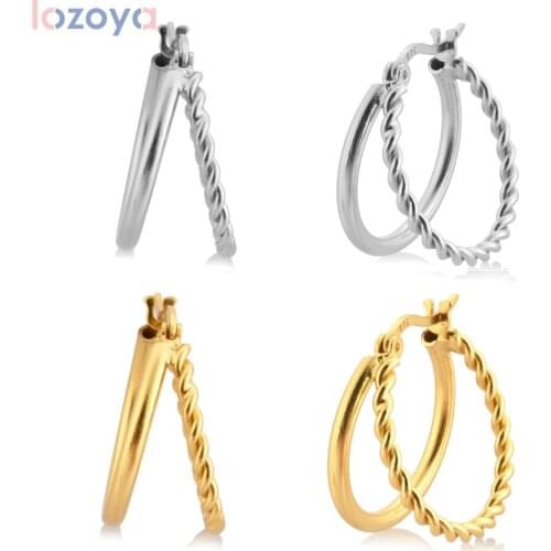 LOZOYA 925 Sterling Silver Gold Big Loops Huggies Rock Punk Twist Hoops Earring Two Line Round Circle Women Fine Jewelry