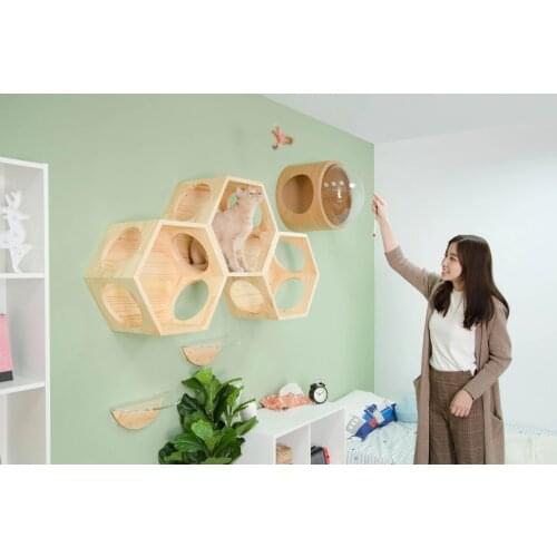 Wall-mounted Solid Wood Cat Climbing Frame, Warm And Luxurious Wooden Space Capsule, Transparent And Breathable
