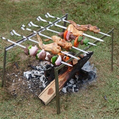 New 1 set Portable Stainless steel Charcoal Grill Barbecue Grill Rack +6pcs 45cm BBQ Skewers Camping BBQ Travel Barbecue Grills