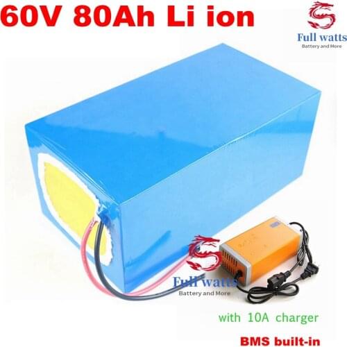 Rechargeable 60V 80AH Li-ion battery with BMS for 3000W 4800W 6000W scooter Electric tricycle motorcycle vehicle+10A charger