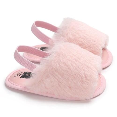 Newborn Baby Girls Plush Sandals Anti-slip Open Toe Soft Sole Prewalker Summer Cute Crib Shoes Solid Color Flat First Walker