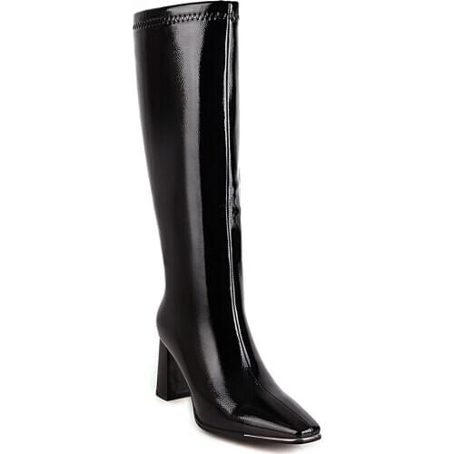 Oversized Square Toe Ultra-Shift Patent Leather High-Heeled Knee-Length Boots Chunky Heel Side Zipper Bright Fur Plush Boots
