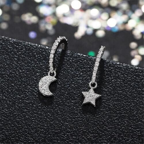 925 sterling silver Asymmetry Zircon Star Moon Stud Earrings For Women Party Jewelry & Accessories EH1391