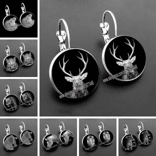 Black and White Tiger Women Stud Earring Lion and Deer Art Picture Glass Cabochon Earring for Gilr