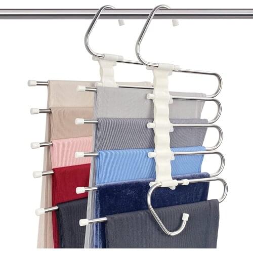 Pants Hangers Space Saving Closet Organizer 5 Multiple Layered Metal Stainless Steel Rack for Scarf Jeans Trousers 1 Pack