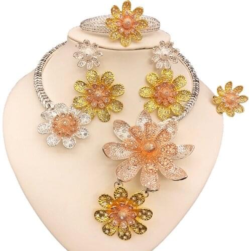 Yulaili Trendy Wedding Bridal Jewelry Sets Tricolor Flower Shape Choker Necklace Earrings Bracelet Ring Dubai Gold Jewelery Set