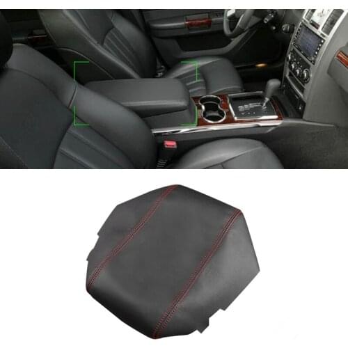 For Chrysler 300 2008 2009 2010 Microfiber Leather Interior Center Console Lid Armrest Box Protection Cover Trim Black-red line