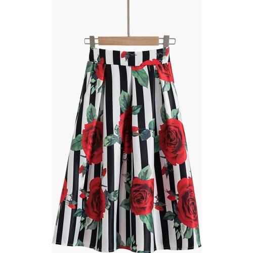 Fashion Striped Floral Print Vintage Summer Skirt with Pockets High Waist Elastic Chic Midi Skirts Womens A-Line Swing 2021 Jupe