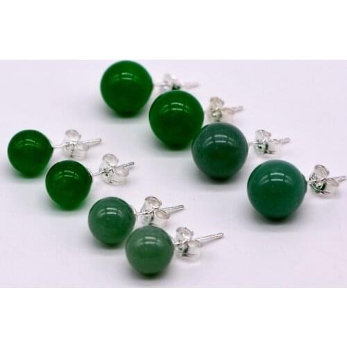 Female earrings, natural green, round beads, 925 silver, simple earrings, round bead earrings