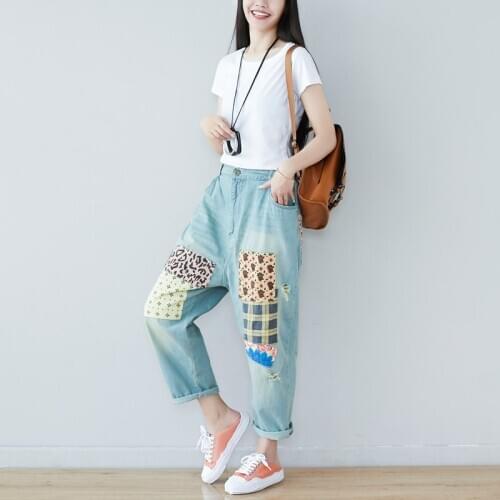 Vintage personality patchwork women jeans plus size loose pants casual Harlan trousers cotton denim hole washed tide streetwear