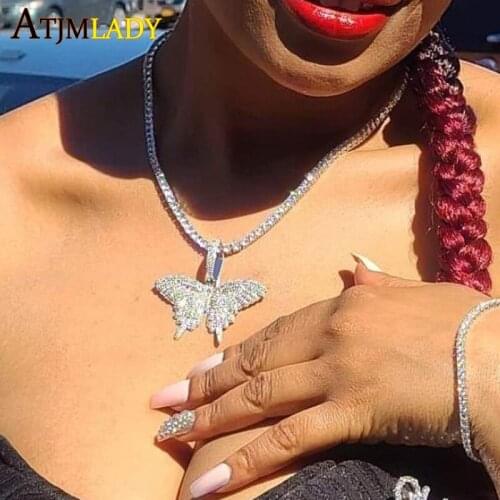 Iced out sparking bling cz Cuban pink pinky women choker jewelry 5mm AAA cz tennis chain hip hop cool cz butterfly necklace new