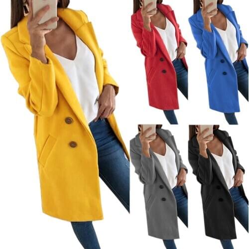 Solid Color Winter Woman Coats 2020 Lead Long Section Two Row Buckle Woolen Overcoat Casual Turn-Down Collar Wool Jackets