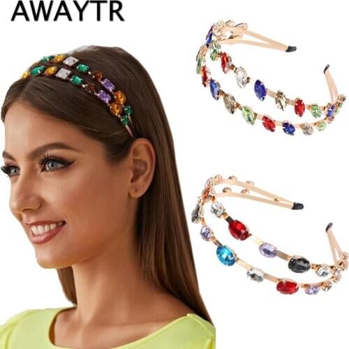 AWAYTR Colorful Gem Baroque Headbands For Women Diamond Luxury Hair Accessories Pearl Girls Crown Flower Hairbands Head Wrap