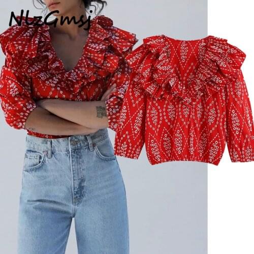 Nlzgmsj Za 2020 women red embroidery ruffle crop shirts v-neck long sleeve female casual tops blouses