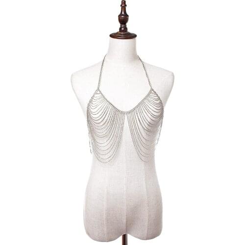Women Retro Fashion Silver Color Bra Body Necklace Chain Bikini Belly Chain