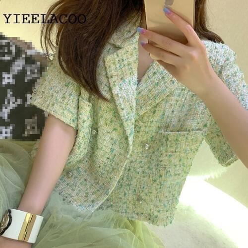 Tweed jacket Green Double-breasted spring/autumn /winter womens jacket lapel short-sleeve Business ladies one piece jacket coat