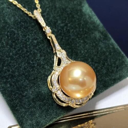 Fine Jewelry 925 Sterling Silver Natural Ocean Golden Pearl 10-11mm Pendant Necklaces for Women FIne Pearls Pendants