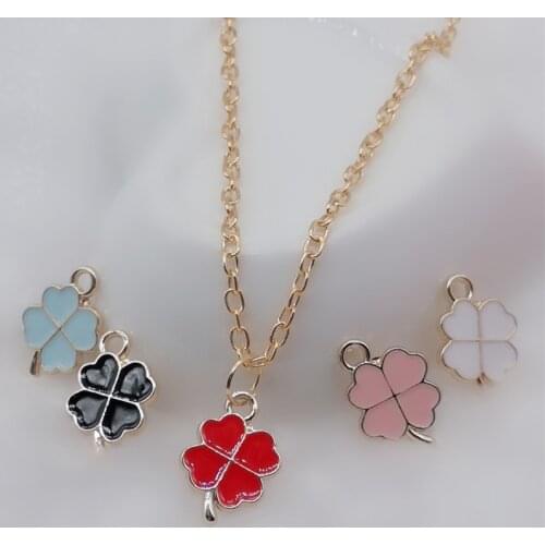 Girl Valentines Day Small Jewelry Simple Style Black Red Pink White Green Enamel Four Leaf Clover Pendant Necklace