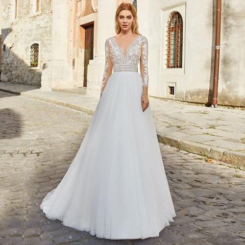 Elegant A-Line V-Neck Wedding Dress 2021 Long Sleeve Lace Appliques Floor Length Bohemian Civil Bridal Gown For Women Backless